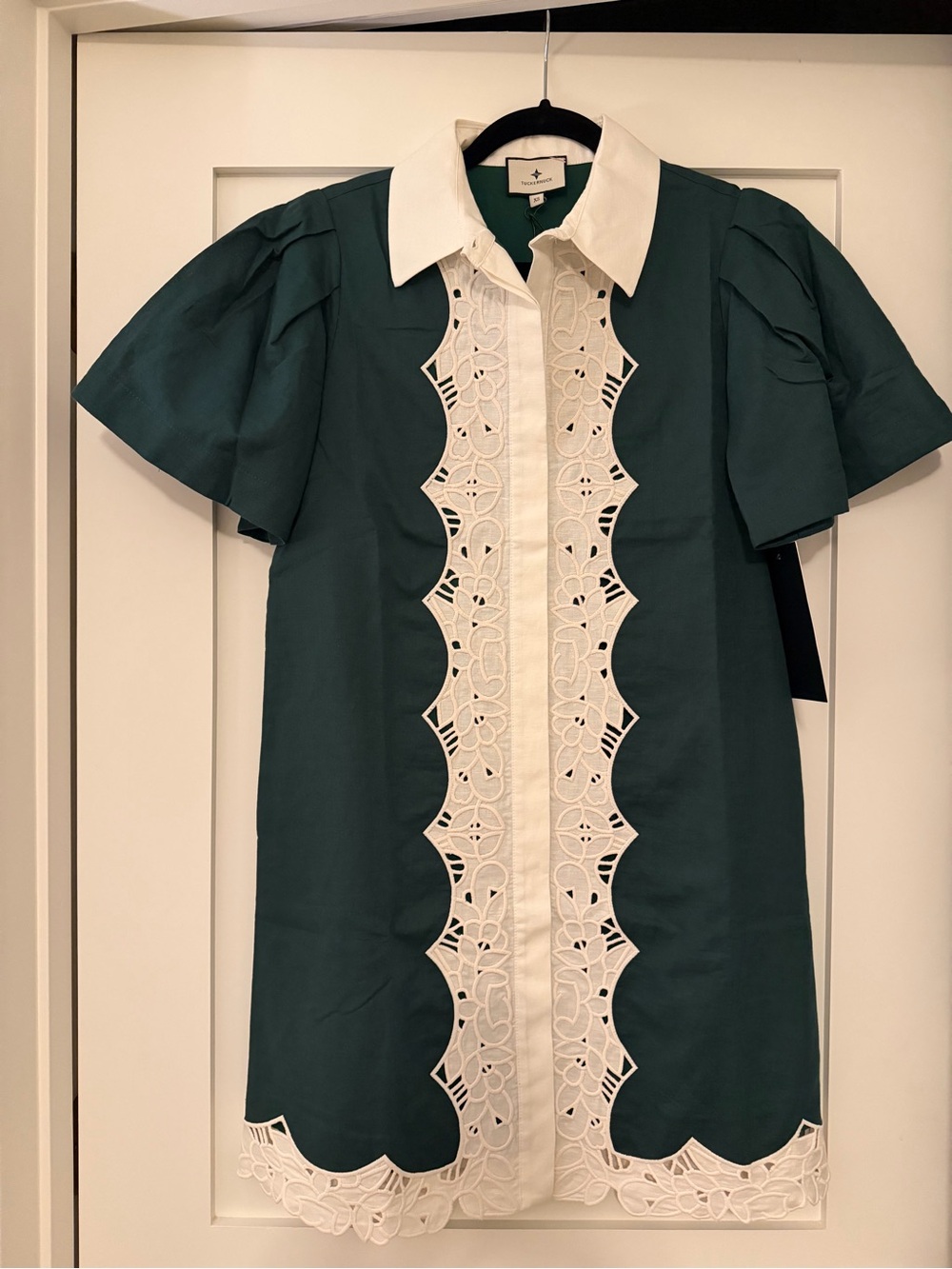 NWT Tuckernuck Dark Green Eyelet Trim Cotton Linen Delilah Dress